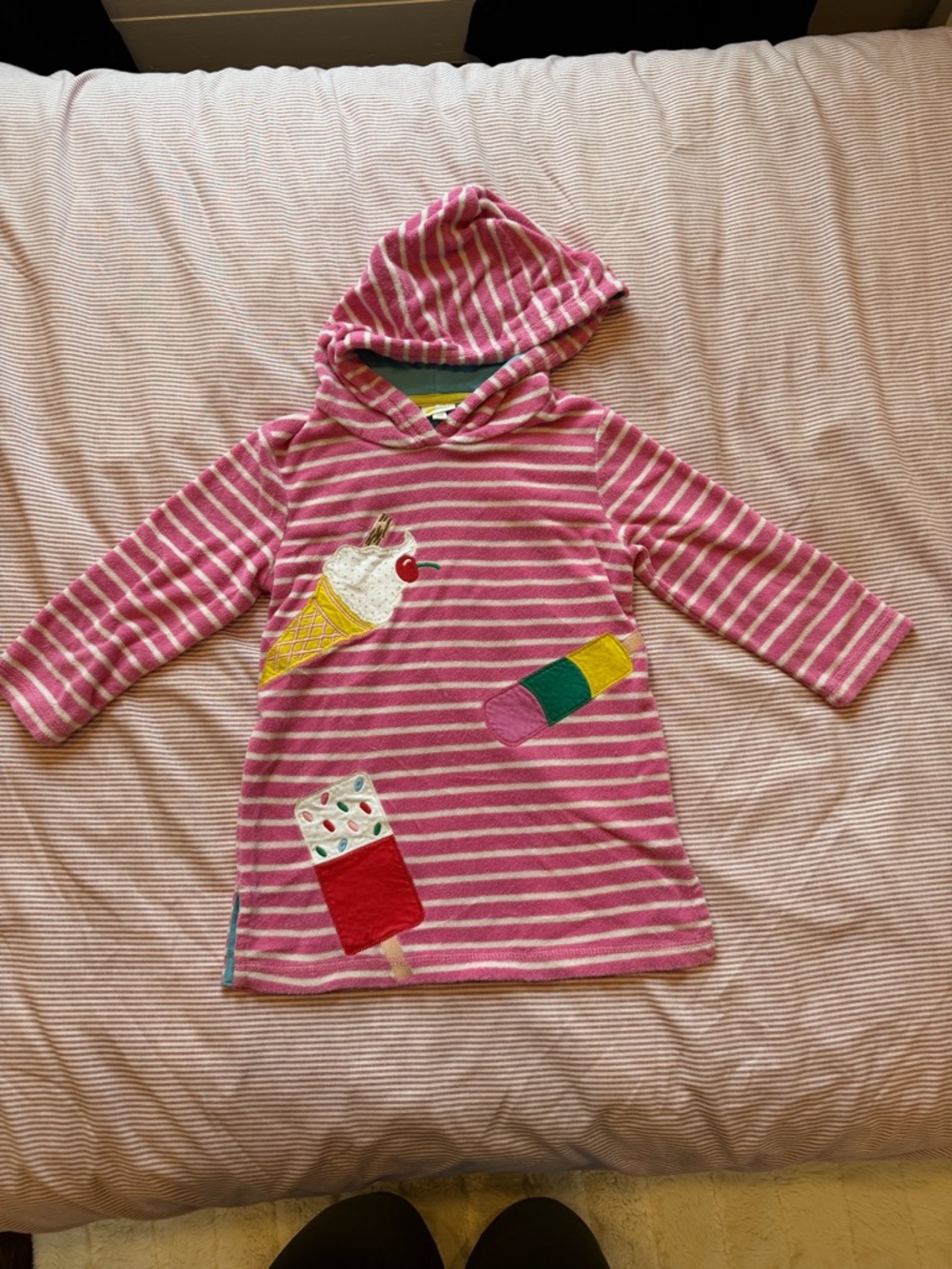 Boden Pink and White Striped Hoodie Dress with Ice Cream Appliqués